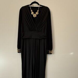 Elegant Jumpsuit Long Sheer Sleeve Deep V-Neck Wide Leg Gold Studs XL